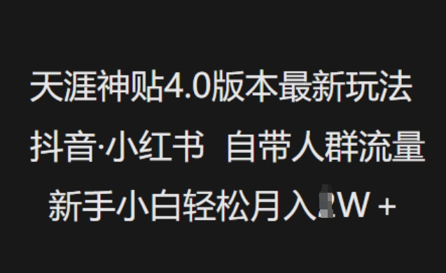天涯神贴4.0版本最新玩法，抖音·小红书自带人群流量，新手小白轻松月入过W-清欢网创